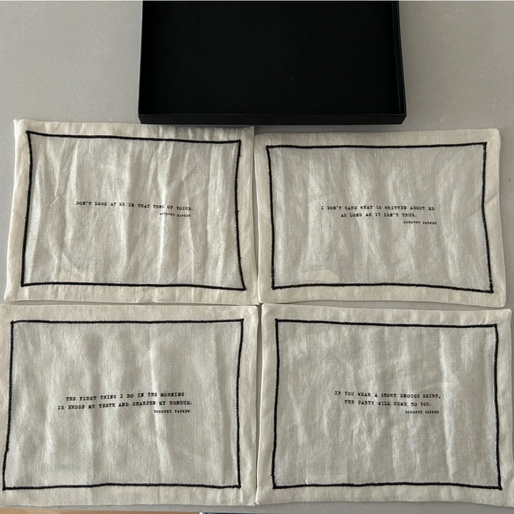 NIB Restoration Hardware Literary Quote Linen Napkins, Dorothy Parker, Set of 4